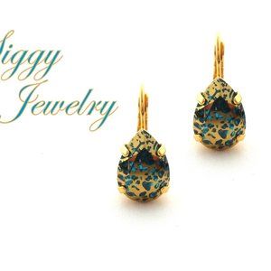 Aquamarine Gold Patina Premium Crystal Pear Shaped Drop Lever Back Earrings
